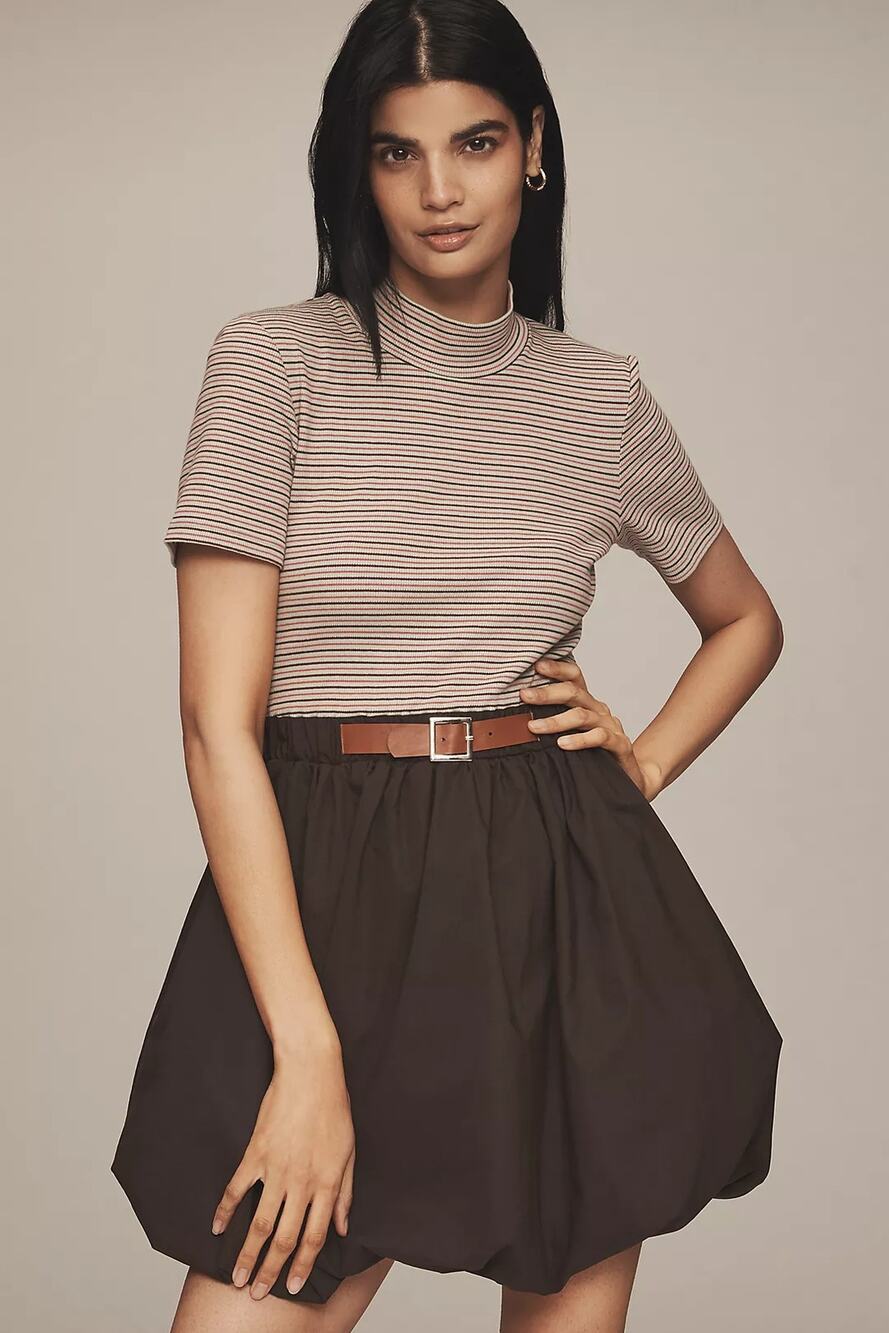 New Anthropologie Maeve Belted Twofer Bubble Mini Dress $158 X-LARGE Neutral